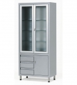 Шкаф медицинский, металлический, верхие дверцы стеклянные, внизу 3 выдвижных ящика и металлическая дверца, полки стеклянные,  13-FP248